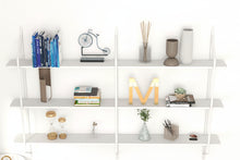 Load image into Gallery viewer, Modernatta Wall Wood Ladder Shelf – 3‑Tier Tall, White Metal Frame, Wood‑Look Melamine Shelves