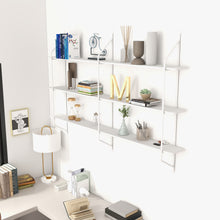 Load image into Gallery viewer, Modernatta Wall Wood Ladder Shelf – 3‑Tier Tall, White Metal Frame, Wood‑Look Melamine Shelves