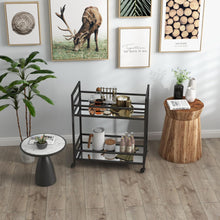 Load image into Gallery viewer, Glassara,, Rolling Bar Cart – 2‑Tier Mirror Shelves, Spill‑Guard Rails, Locking Casters, Satin Black Metal Frame