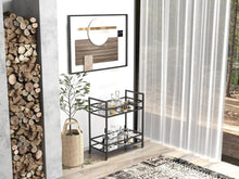 Load image into Gallery viewer, Glassara,, Rolling Bar Cart – 2‑Tier Mirror Shelves, Spill‑Guard Rails, Locking Casters, Satin Black Metal Frame