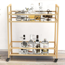 Load image into Gallery viewer, Glassara,, Rolling Bar Cart – 2‑Tier Mirror Shelves, Spill‑Guard Rails, Locking Casters, Satin Gold Metal Frame