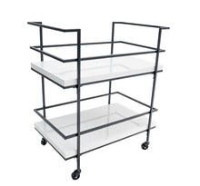 Load image into Gallery viewer, A sleek black and white serving bar cart with wheels and two shelves made of high-pressure laminate.