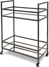 Load image into Gallery viewer, Glassara,, Rolling Bar Cart – 2‑Tier Mirror Shelves, Spill‑Guard Rails, Locking Casters, Satin Black Metal Frame