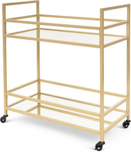Load image into Gallery viewer, Glassara,, Rolling Bar Cart – 2‑Tier Mirror Shelves, Spill‑Guard Rails, Locking Casters, Satin Gold Metal Frame