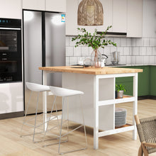 Load image into Gallery viewer, Modern kitchen with a wooden island, white stools, and stainless steel appliances.

