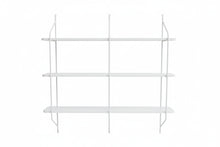 Load image into Gallery viewer, Modernatta Wall Wood Ladder Shelf – 3‑Tier Tall, White Metal Frame, Wood‑Look Melamine Shelves

