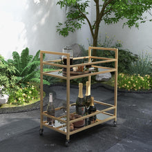 Load image into Gallery viewer, Glassara,, Rolling Bar Cart – 2‑Tier Mirror Shelves, Spill‑Guard Rails, Locking Casters, Satin Gold Metal Frame
